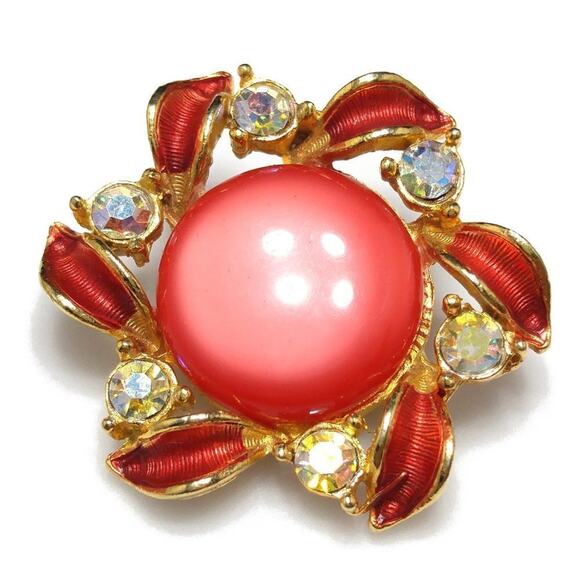 Vintage Red Moonglow Lucite Clip Earrings, Aurora Borealis Rhinestones, 1 1/2 In - Picture 8 of 9